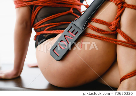Leather whip on shibari tied woman hip 73650320
