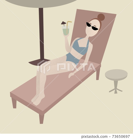 Beautiful brunette woman in swimsuit laying on sunbed with cocktail in hand. Beautiful brunette woman in swimsuit laying on sunbed with cocktail in hand. 73650697