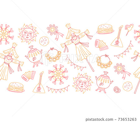 Maslenitsa background. Pancake week elements - pancake, samovar, candy, balalaika, sun, scarecrow of winter, sour cream, accordion. Shrovetide. Maslenitsa background. Pancake week elements - pancake, samovar, candy, balalaika, sun, scarecrow of winter, sour cream, accordion. Shrovetide. 73653263