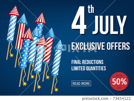 4th of July exclusive offers banner with firework rockets. 4th of July exclusive offers banner with firework rockets. 73654122