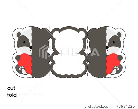 Cute badger hold heart. Fold long greeting card template. Great for St. Valentine day, birthdays, baby showers. Printable color scheme. Print, cut out, fold. Colorful vector stock illustration. 73654229