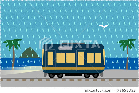 Vector illustration of a train running along the sea with the lights on in heavy rain Vector illustration of a train running along the sea with the lights on in heavy rain 73655352