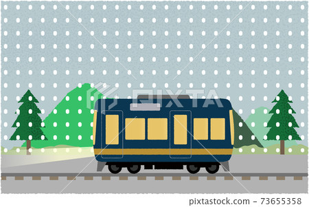 Vector illustration of a train running along the mountain with lights on in the snow Vector illustration of a train running along the mountain with lights on in the snow 73655358