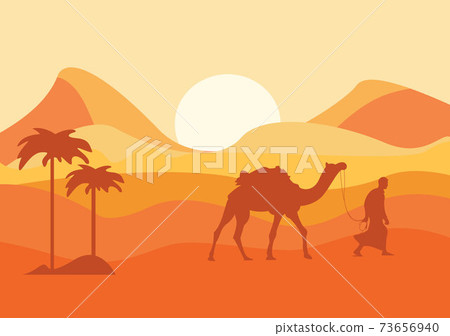 Desert Landscape with Cactus, Hills and Mountains Silhouettes. Vector Nature Horizontal Background 73656940