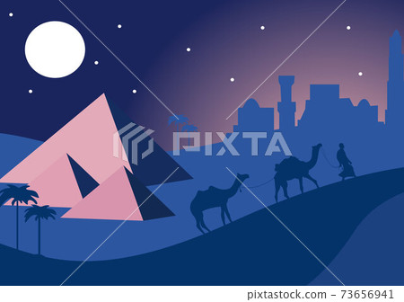 Desert Landscape with Cactus, Hills and Mountains Silhouettes. Vector Nature Horizontal Background 73656941