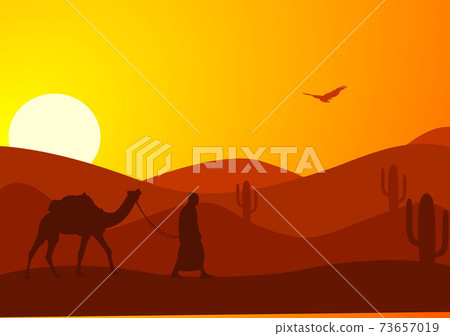 Desert Landscape with Cactus, Hills and Mountains Silhouettes. Vector Nature Horizontal Background 73657019