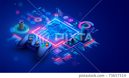 Game dev isometric concept. Education of creation 3d design of location or level computer game. Scripting, programming AI of digital games. Isometric illustration of abstract gamepad or joystick. 73657314