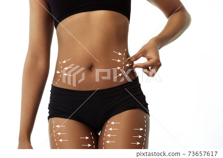 Beautiful female body with lifting up arrows isolated on white background 73657617