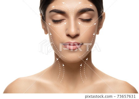 Beautiful female face with lifting up arrows isolated on white background 73657631