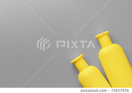Yellow cosmetic container on gray background top view Yellow cosmetic container on gray background top view 73657976