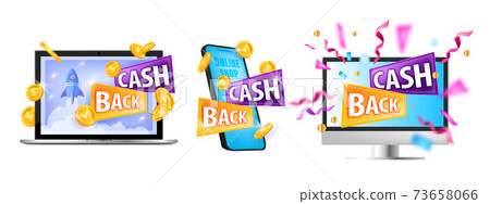 Cash back, internet shopping money saving vector set with laptop, smartphone, computer screens,coins 73658066