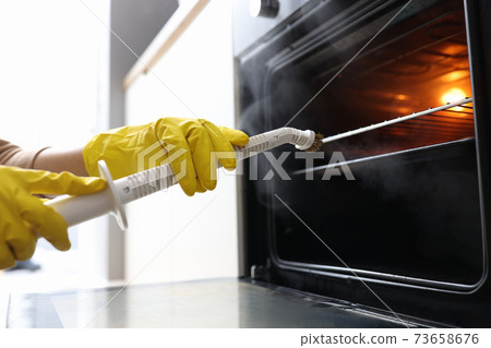 Hands in rubber gloves washing oven with steamer concept Hands in rubber gloves washing oven with steamer concept 73658676