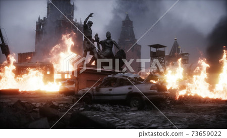 Russian apocalypsis. burning ruined Moscow city. Armageddon view. Realistic fire simulation. Postapocalyptic. 3d rendering. 73659022