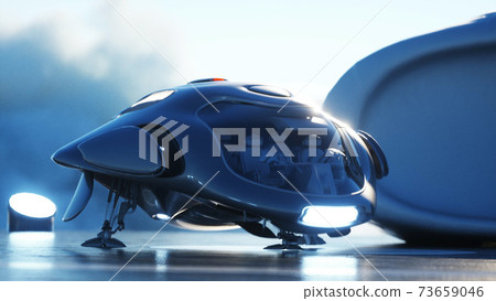 futuristic ship lands on futuristic base in the clouds. 3d rendering. futuristic ship lands on futuristic base in the clouds. 3d rendering. 73659046