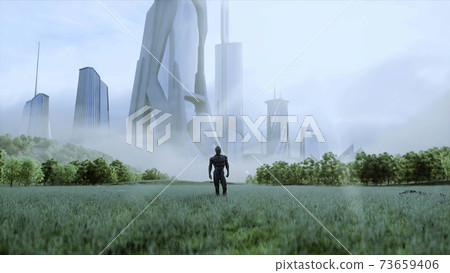 military space soldiers of the future on a green meadow against the backdrop of a futuristic city. 3d rendering. military space soldiers of the future on a green meadow against the backdrop of a futuristic city. 3d rendering. 73659406