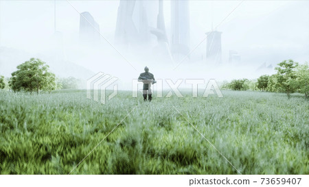 Military alien with a weapon walks through the meadow against the background of the city. 3d rendering Military alien with a weapon walks through the meadow against the background of the city. 3d rendering 73659407