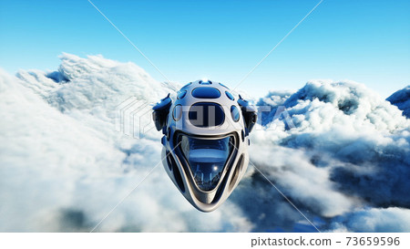 Futuristic sci fi ship flying in the clouds. 3d rendering. Futuristic sci fi ship flying in the clouds. 3d rendering. 73659596