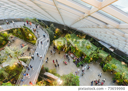 SINGAPORE - December 19, 2019: Top view of inside interior walkway bridge in the Cloud Forest Dome at Gardens by the Bay, Singapore. 73659998