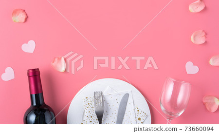 情人節 餐廳 盤子 頂視圖 粉色 緞帶 Valentine's Day Plate バレンタイン 73660094