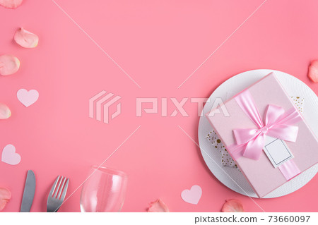 情人節 餐廳 盤子 頂視圖 粉色 緞帶 Valentine's Day Plate バレンタイン 73660097