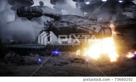 Futuristic sci fi ship take wing. Military robot. Apocalypse city. 3d rendering. Futuristic sci fi ship take wing. Military robot. Apocalypse city. 3d rendering. 73660292