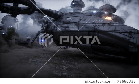 Futuristic sci fi ship take wing. Military robot. Apocalypse city. 3d rendering. 73660333