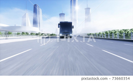 3d model of passenger bus very fast driving on the highway. Futuristic city background. 3d rendering. 3d model of passenger bus very fast driving on the highway. Futuristic city background. 3d rendering. 73660354