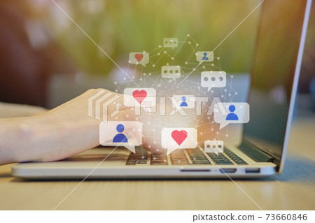 Concept social networks girl communicates via the Internet. 73660846