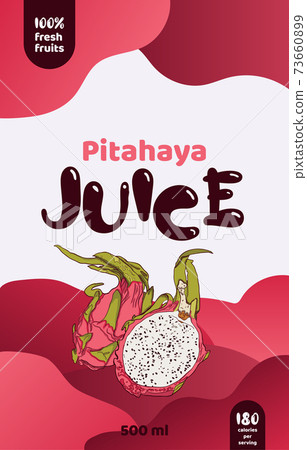 Family recipe Pitahaya juice label template. Abstract modern vector packaging design layout. Color gradient banner with typography and hand drawn fruit. Isolated. Family recipe Pitahaya juice label template. Abstract modern vector packaging design layout. Color gradient banner with typography and hand drawn fruit. Isolated. 73660899