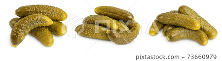 Marinated pickled cucumber isolated on white background with full depth of field. Set or collection Marinated pickled cucumber isolated on white background with full depth of field. Set or collection 73660979