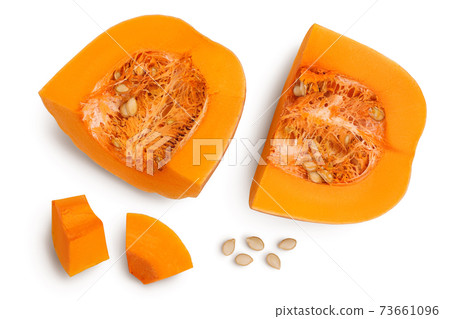 butternut squash slice isolated on white background with clipping path and full depth of field. Top view. Flat lay butternut squash slice isolated on white background with clipping path and full depth of field. Top view. Flat lay 73661096