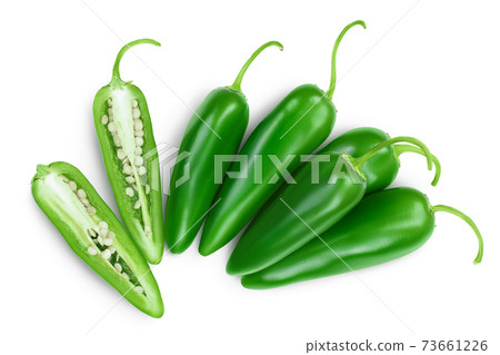 jalapeno peppers isolated on white background. Green chili pepper with clipping path. Top view. Flat lay jalapeno peppers isolated on white background. Green chili pepper with clipping path. Top view. Flat lay 73661226