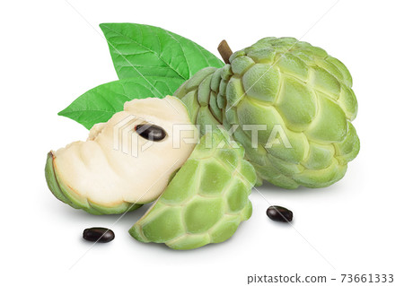 Sugar apple or custard apple isolated on white background with clipping path and full depth of field. Exotic tropical Thai annona or cherimoya fruit Sugar apple or custard apple isolated on white background with clipping path and full depth of field. Exotic tropical Thai annona or cherimoya fruit 73661333