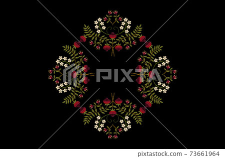 Pattern diamond-shaped frame with satin stitching of flowers and fruits of red pomegranates on curved branches with green leaves on a black background Pattern diamond-shaped frame with satin stitching of flowers and fruits of red pomegranates on curved branches with green leaves on a black background 73661964