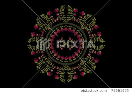 Oval pattern for wreath with flowers and fruits of red pomegranates on curved branches with green leaves on a black background 73661965