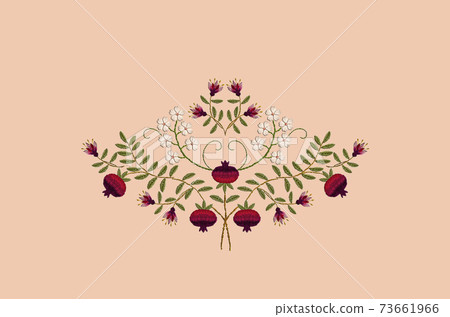 Pattern of a delicate bouquet with flowers and fruits of red pomegranates, twigs with white flowers and green leaves on a pink background Pattern of a delicate bouquet with flowers and fruits of red pomegranates, twigs with white flowers and green leaves on a pink background 73661966