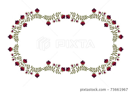 Curly frame of garland with flowers and fruits of red pomegranate on curved branches with green leaves on white background 73661967