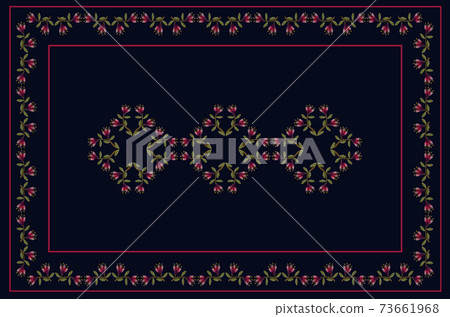 Black tablecloth with red border and embroidered garlands of garnet flowers with green leaves and patterns in the middle Black tablecloth with red border and embroidered garlands of garnet flowers with green leaves and patterns in the middle 73661968