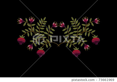 Embroidery of flowers with fruits of red pomegranates on bent twigs with green leaves on a black background Embroidery of flowers with fruits of red pomegranates on bent twigs with green leaves on a black background 73661969
