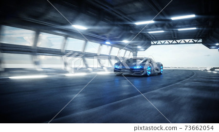 futuristic car fast driving in sci fi tunnel, coridor. Concept of future. 3d rendering. 73662054