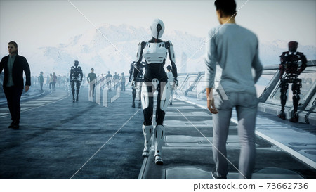Robot in Sci fi tonnel. Concept of future.. 3d rendering..3d rendering. 73662736