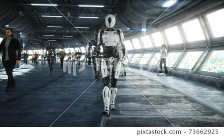 Robot in Sci fi tonnel. Concept of future.. 3d rendering. 73662925