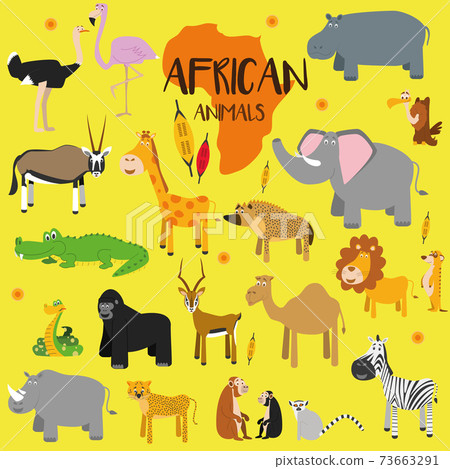 Vector set African animals. Ostrich, flamingo, oryx gazelle, impala, giraffe, crocodile, snake, gorilla, rhino, cheetah, monkey, chimpanzee, lemur, zebra, camel, dromedary, hyena, elephant, lion, Vector set African animals. Ostrich, flamingo, oryx gazelle, impala, giraffe, crocodile, snake, gorilla, rhino, cheetah, monkey, chimpanzee, lemur, zebra, camel, dromedary, hyena, elephant, lion, 73663291