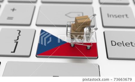 Goods made in the Czech Republic in the shopping cart on the keyboard. Export or import concepts, 3d rendering 73663679
