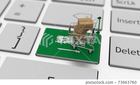 Boxes with MADE IN SAUDI ARABIA text and shopping cart on the keyboard. Conceptual 3d rendering Boxes with MADE IN SAUDI ARABIA text and shopping cart on the keyboard. Conceptual 3d rendering 73663760