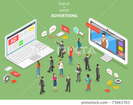 Display vs native advertising isometric vector. Display vs native advertising isometric vector. 73663763