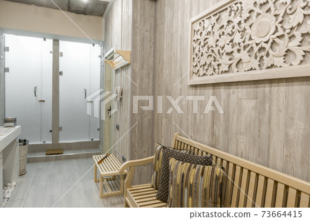 Modern shower room interior with bench Modern shower room interior with bench 73664415