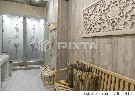 Modern shower room interior with bench Modern shower room interior with bench 73664416