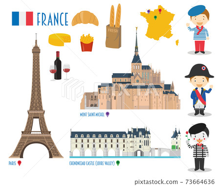 France Flat Icon Set Travel and tourism concept. Vector illustration 73664636