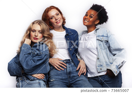 diverse multi nation girls group, teenage friends company cheerful having fun, happy smiling, cute posing isolated on white background, lifestyle people concept, african-american, asian and caucasian 73665007